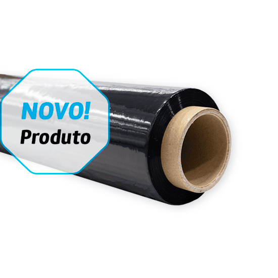 Rolo de filme extensível 500 mm × 130 m para paletes, disponível em transparente ou preto.