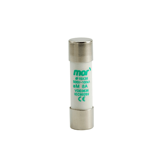 Fusíveis cilíndricos 10x38mm tipo AM – indicados para proteção seletiva de circuitos e motores.