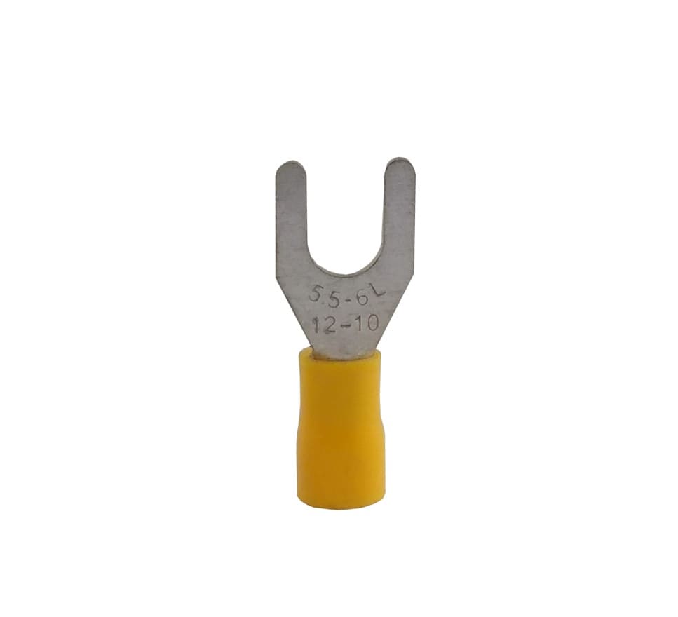 Terminais de forquilha isolados amarelos para cravação – ideais para ligações seguras em instalações elétricas.