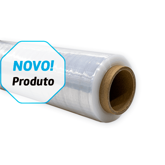 Rolo de filme extensível 500 mm × 130 m para paletes, disponível em transparente ou preto.