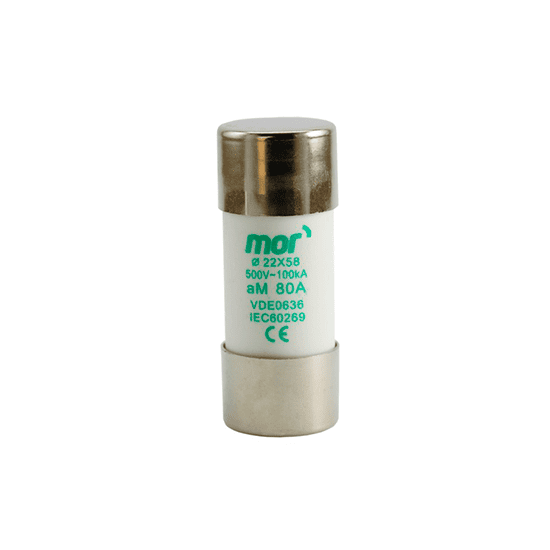 Fusíveis cilíndricos cerâmicos 22x58mm tipo AM – ideais para proteção contra curto-circuitos em motores e transformadores.